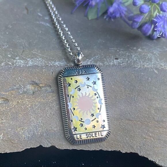 Sun Silver Stainless Steel Non Tarnish Tarot Card Bohemian Necklace - Picture 1 of 6
